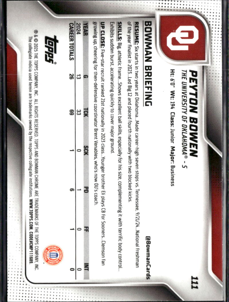 Peyton Bowen 2025 Bowman Chrome 1st Bowman Pink Shimmer /225 Oklahoma Sooners