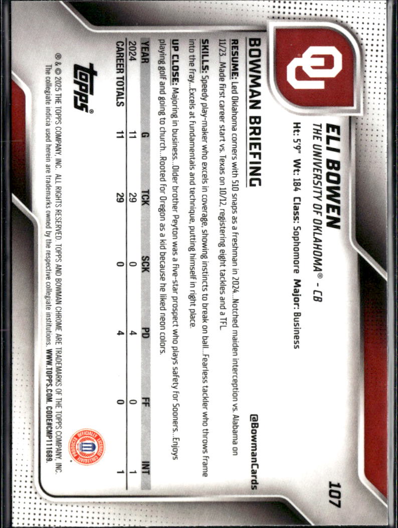 Eli Bowen 2025 Bowman Chrome Yellow Refractor /350 Oklahoma Sooners