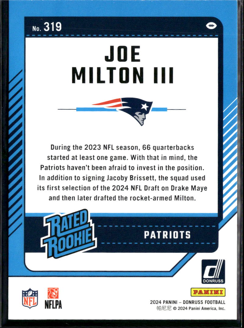 Joe Milton III 2024 Donruss Rated Rookie Green New England Patriots