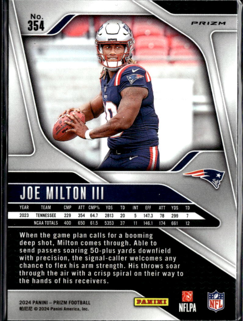 Joe Milton III 2024 Prizm RC Silver Prizm Rookie New England Patriots