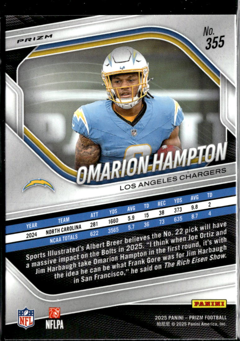 Omarion Hampton 2025 Prizm RC Lazer Rookie Los Angeles Chargers