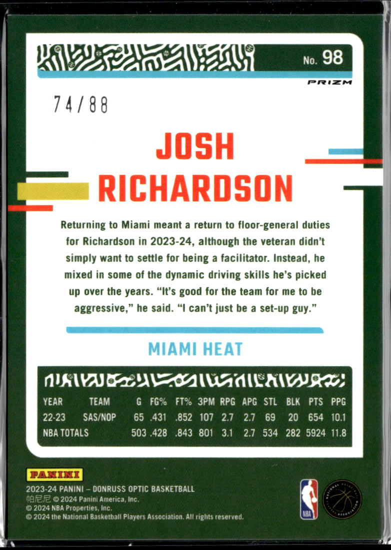 Josh Richardson 2023-24 Optic Red Choice 74/88 Miami Heat