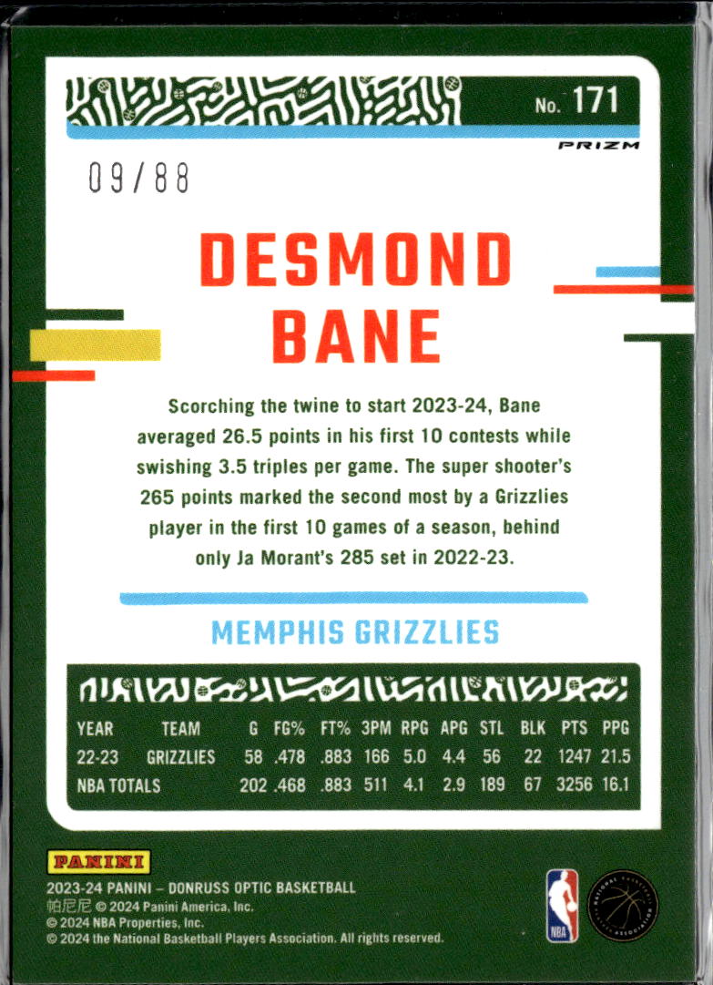 Desmond Bane 2023-24 Optic Red Choice 9/88 Memphis Grizzlies