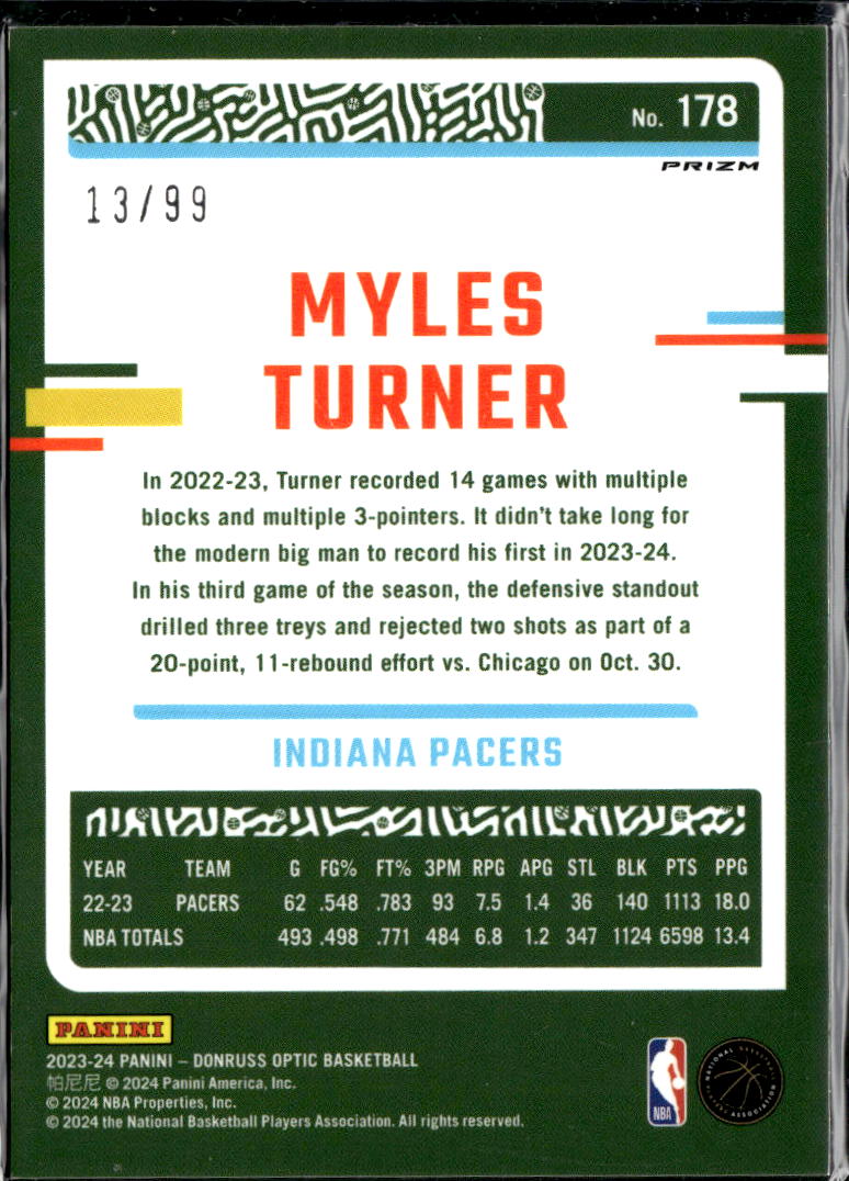 Myles Turner 2023-24 Optic Red Prizm 13/99 Indiana Pacers