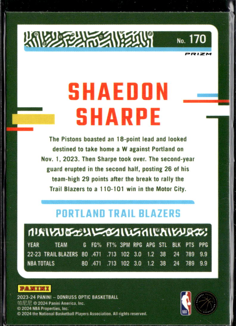 Shaedon Sharpe 2023-24 Optic Jazz Prizm SSP Portland Trail Blazers