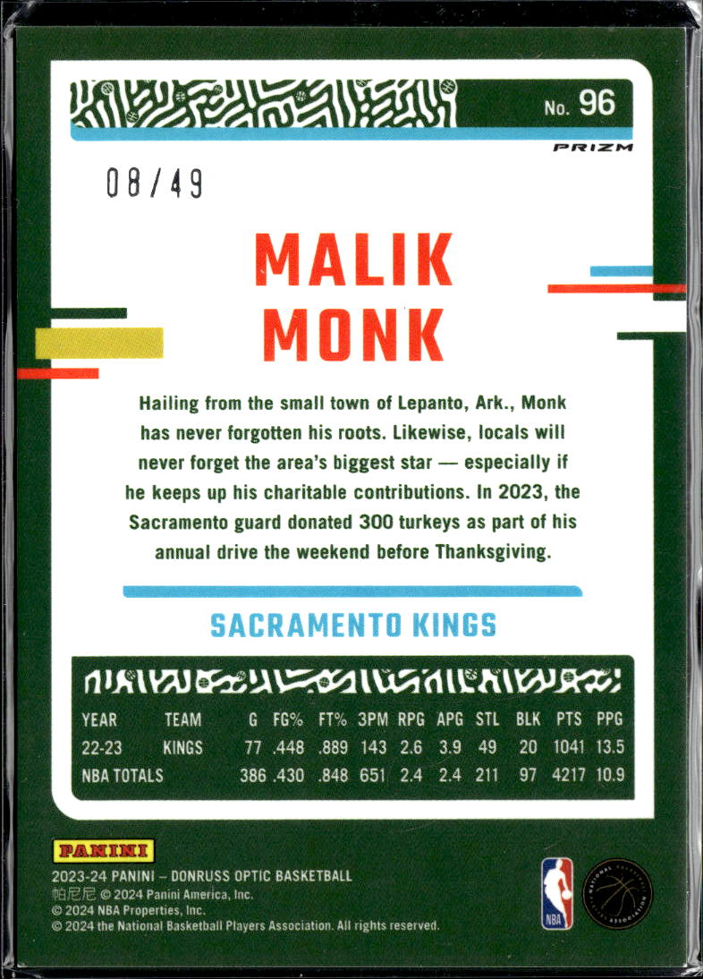 Malik Monk 2023-24 Optic Blue Prizm 8/49 Sacramento Kings