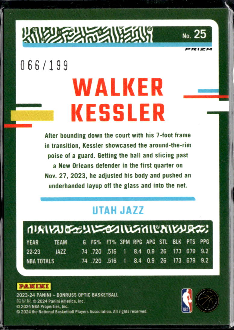 Walker Kessler 2023-24 Optic Orange Prizm 66/199 Utah Jazz