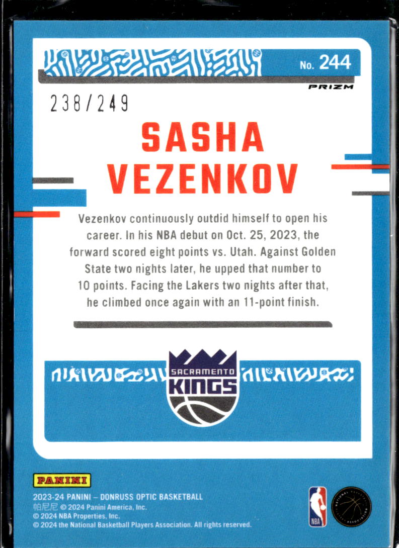 Sasha Vezenkov 2023-24 Optic Rated Rookie Aqua Prizm 238/249 Sacramento Kings