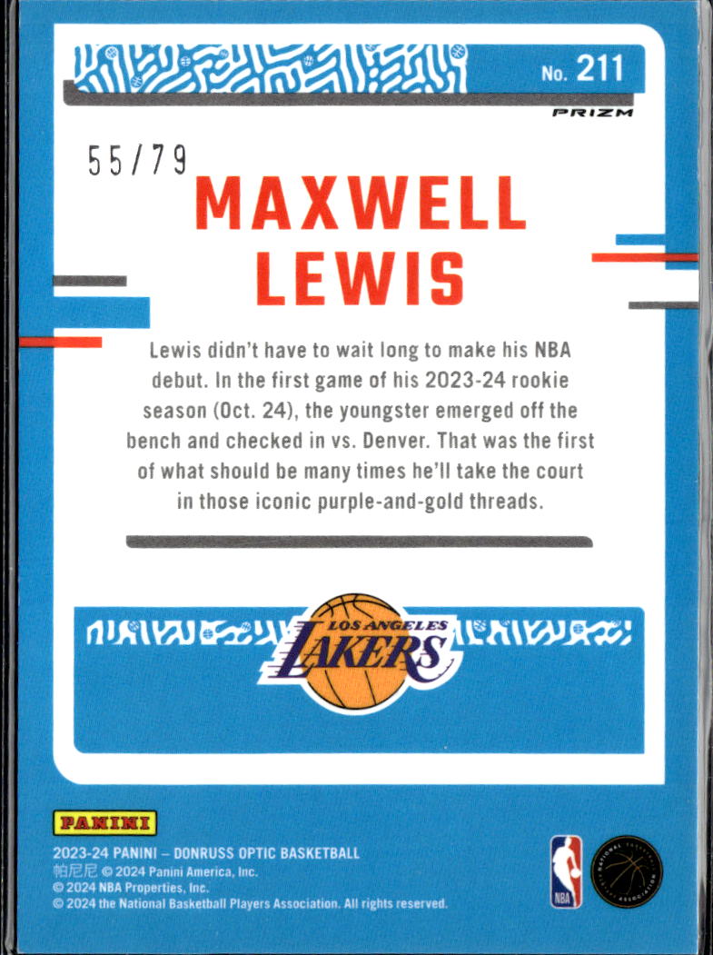 Maxwell Lewis 2023-24 Optic Rated Rookie Pink Velocity 55/79 Los Angeles Lakers