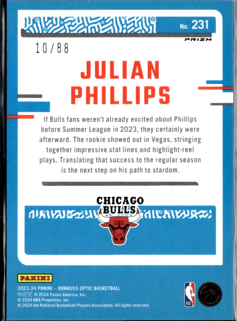 Julian Phillips 2023-24 Optic Rated Rookie Red Choice 10/88 Chicago Bulls