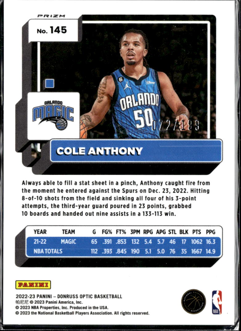 Cole Anthony 2022-23 Optic Orange Prizm 72/199 Orlando Magic