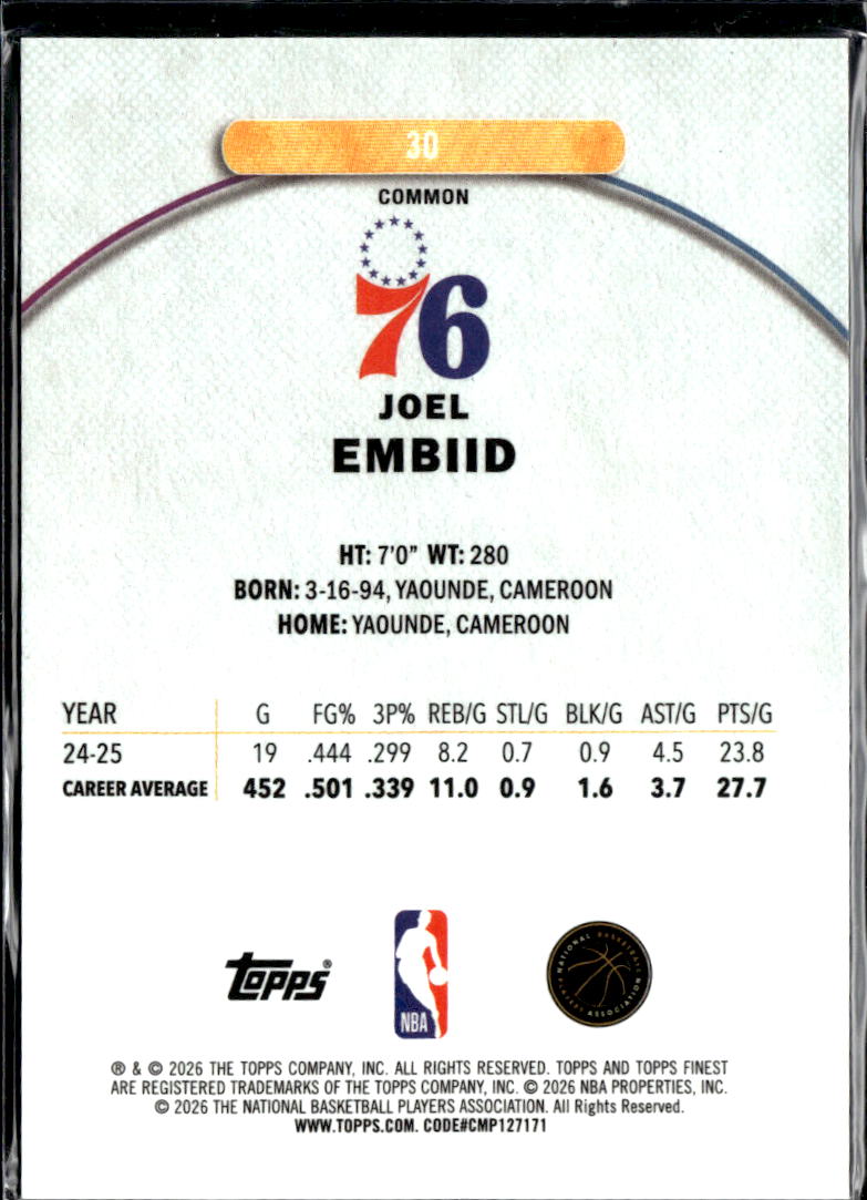Joel Embiid 2025 Topps Finest Light Blue Refractor 69/350 Philadelphia 76ers
