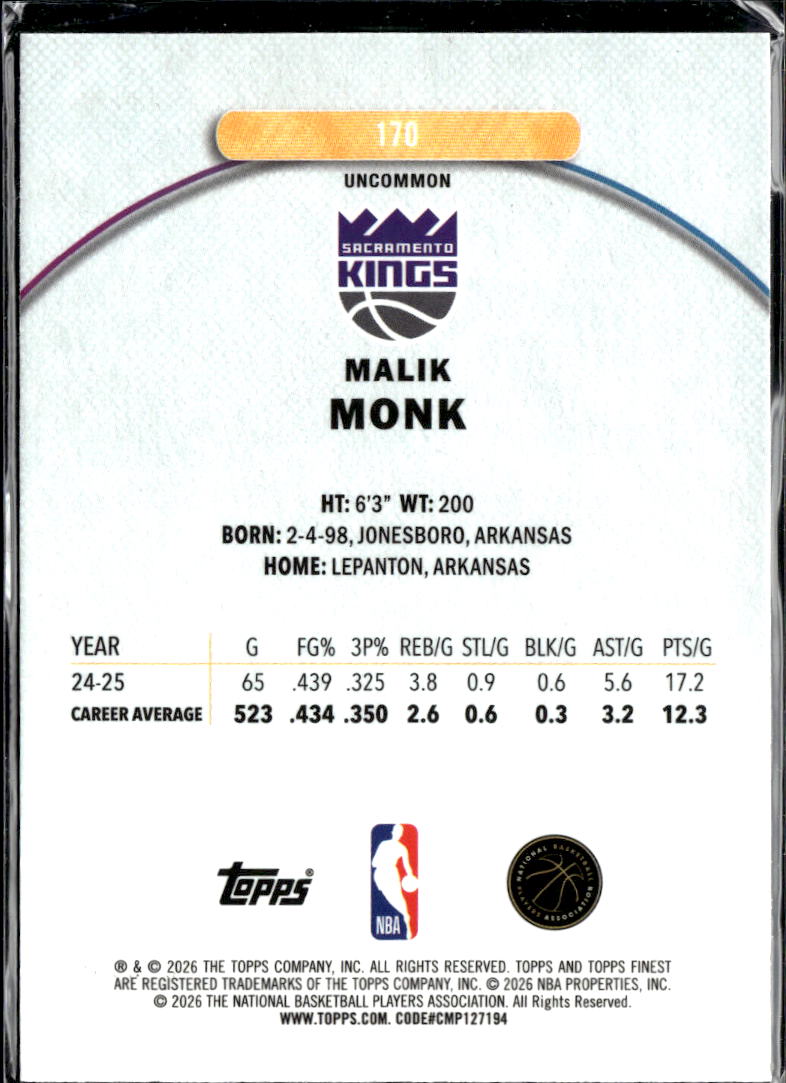 Malik Monk 2025 Topps Finest Light Blue Refractor /250 Sacramento Kings