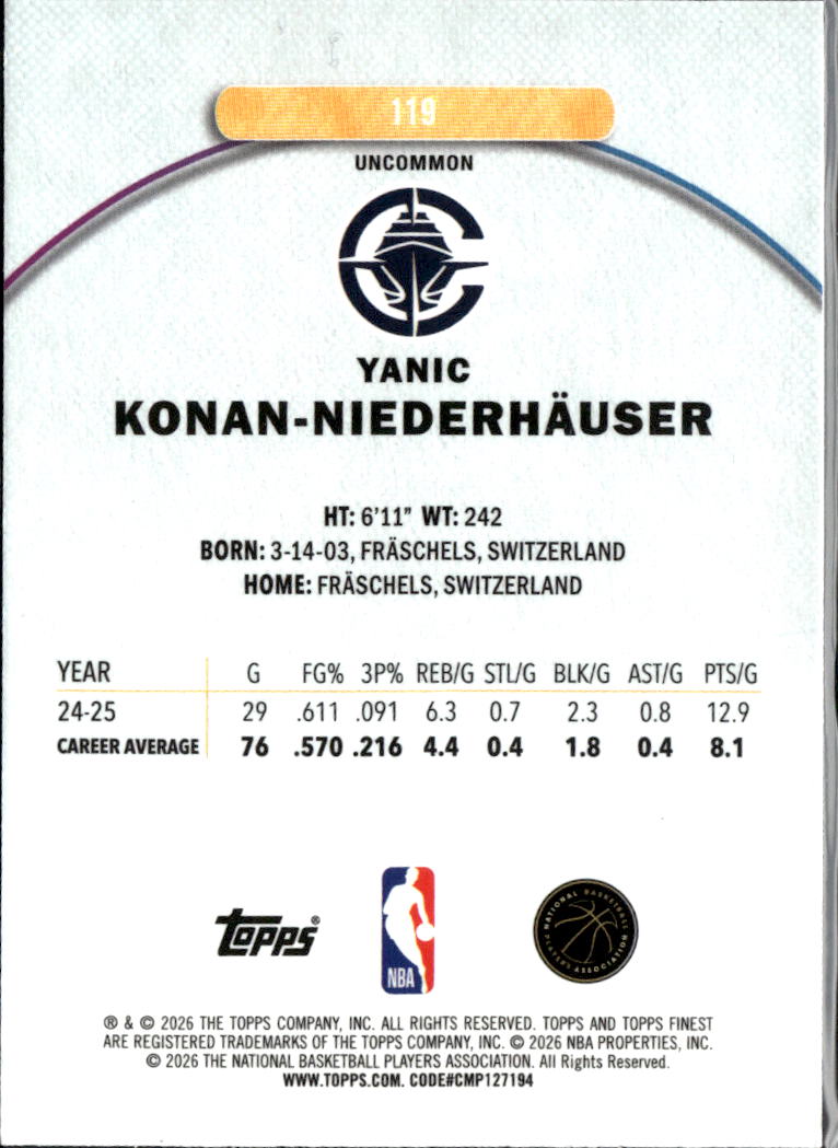 Yanic Konan-Niederhauser 2025 Topps Finest RC Light Blue Refractor /250 Clippers