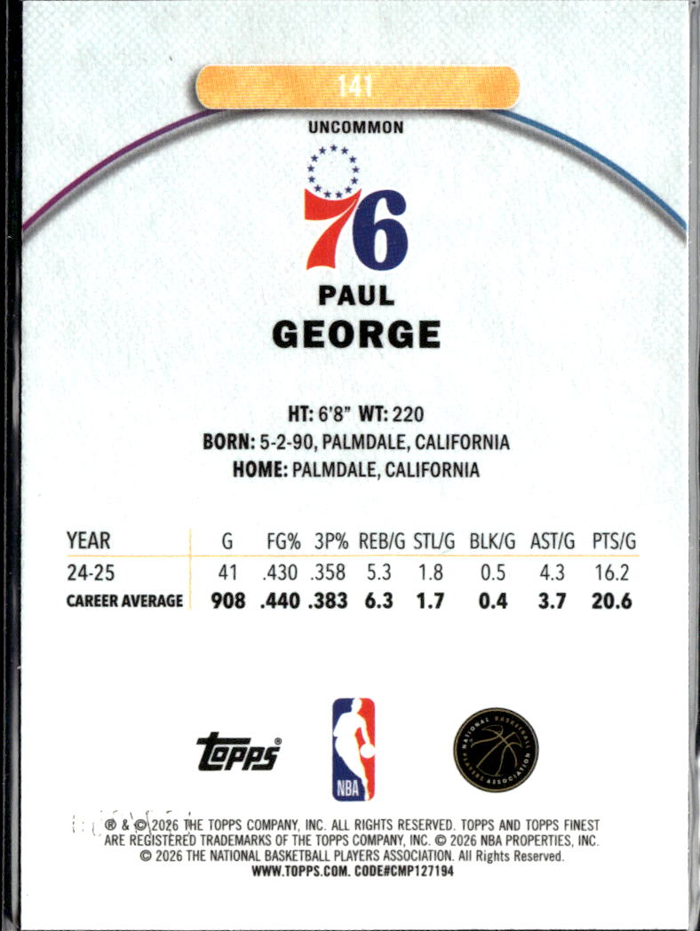Paul George 2025 Topps Finest Light Blue Refractor /250 Philadelphia 76ers