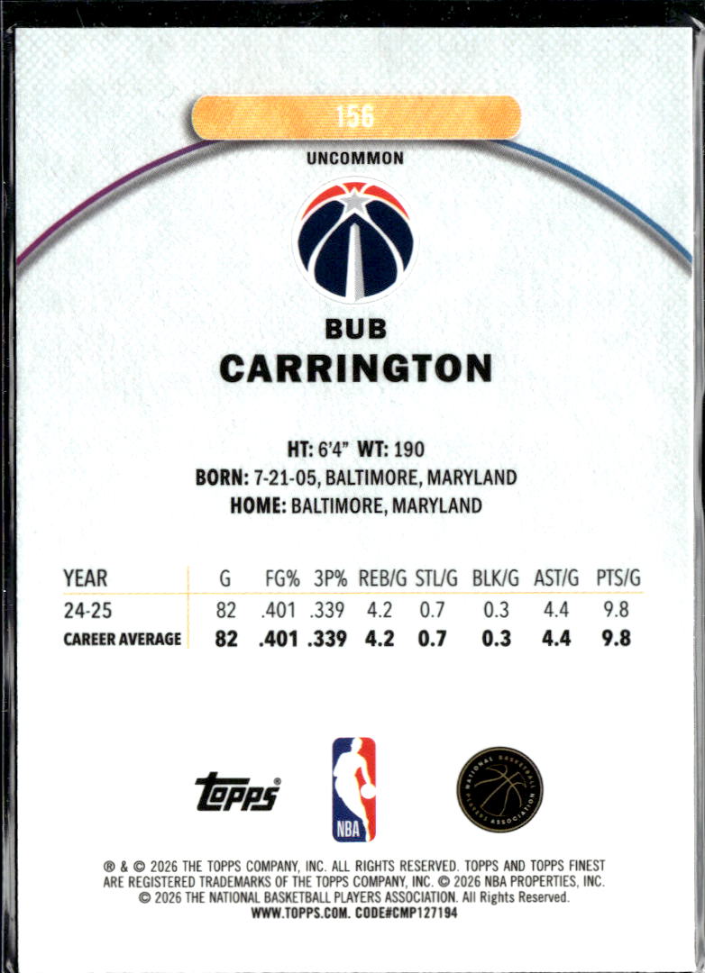 Bub Carrington 2025 Topps Finest Blue Refractor /150 Washington Wizards