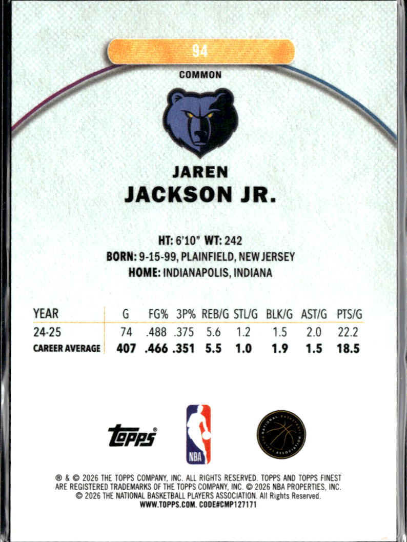 Jaren Jackson Jr. 2025 Topps Finest Blue Refractor /200 Memphis Grizzlies