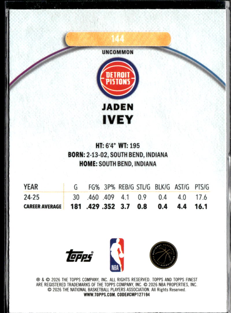 Jaden Ivey 2025 Topps Finest Purple Refractor /200 Detroit Pistons