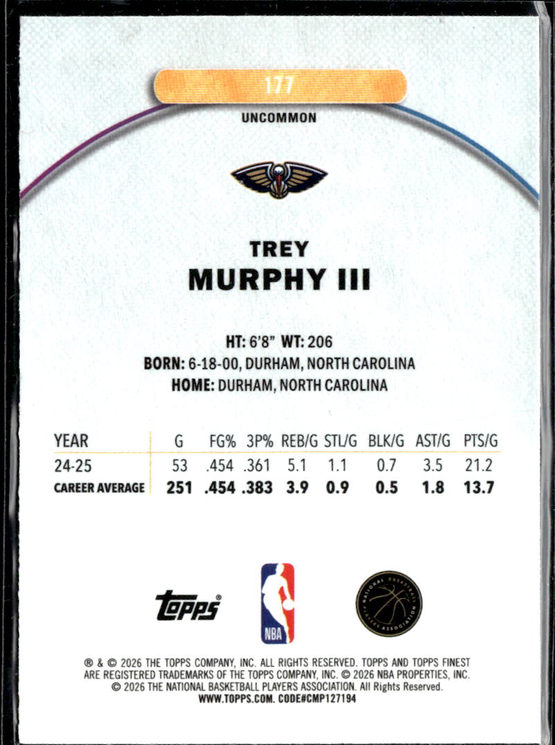 Trey Murphy III 2025 Topps Finest Purple Refractor /200 New Orleans Pelicans