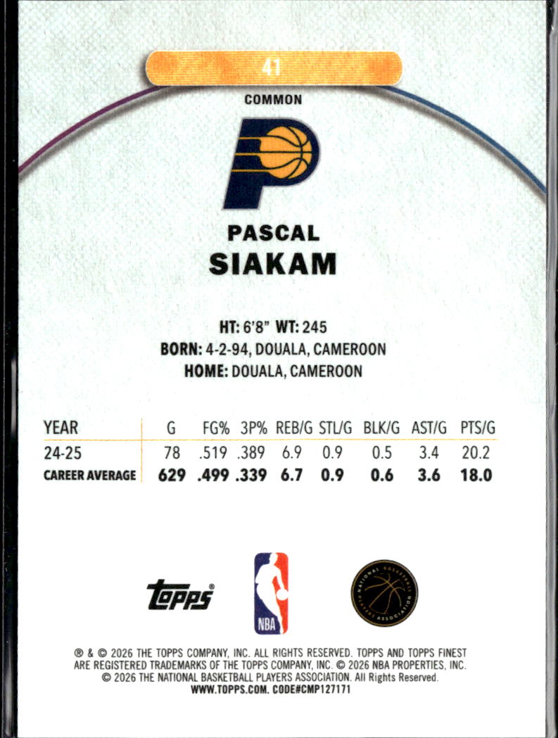 Pascal Siakam 2025 Topps Finest Purple Refractor /250 Indiana Pacers