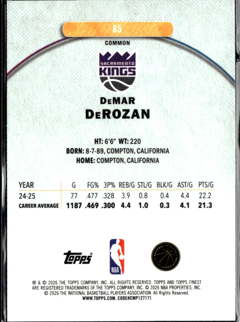 DeMar DeRozan 2025 Topps Finest Purple XFractor 1/150 Sacramento Kings