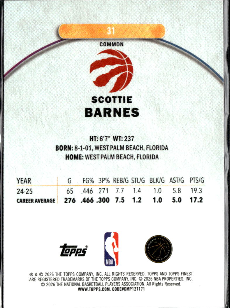 Scottie Barnes 2025 Topps Finest Purple Xfractor /150 Toronto Raptors