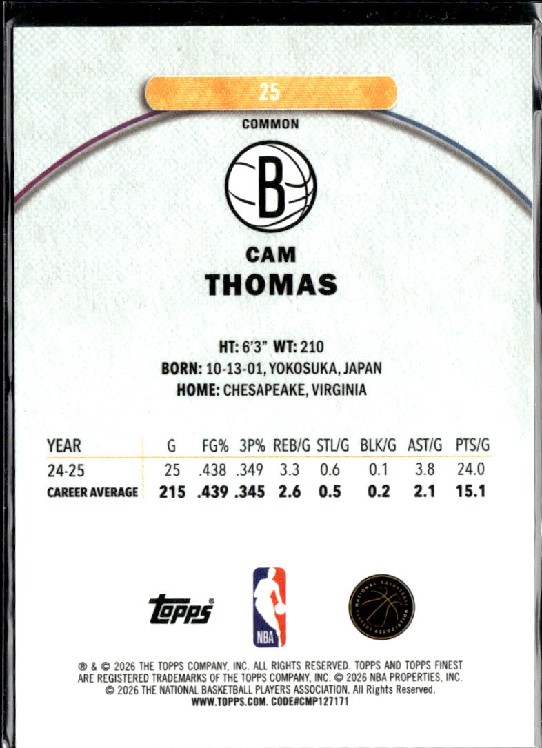 Cam Thomas 2026 Topps Finest Purple Refractor /250 Brooklyn Nets