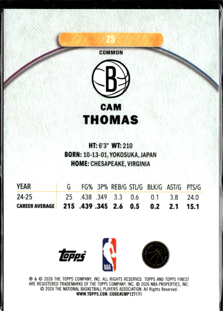Cam Thomas 2025 Topps Finest Oil Spill Refractor Brooklyn Nets
