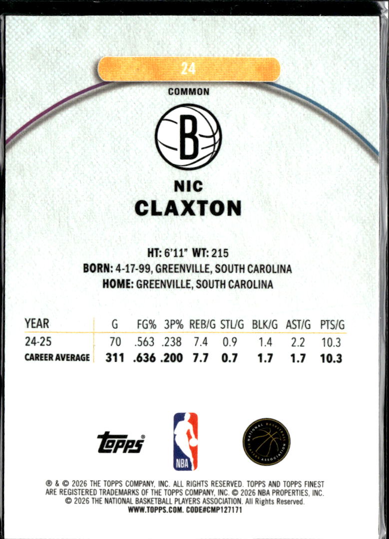 Nic Claxton 2025 Topps Finest Oil Spill Refractor Brooklyn Nets