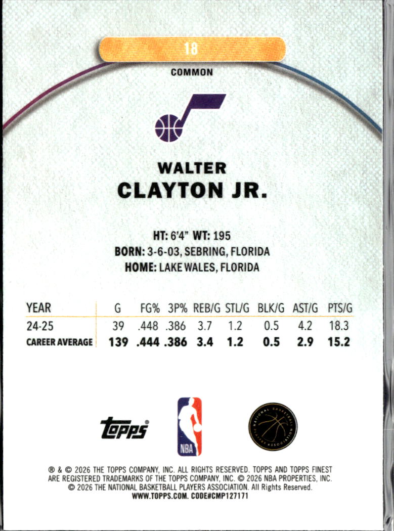 Walter Clayton Jr. 2025 Topps Finest Oil Spill Refractor RC Utah Jazz