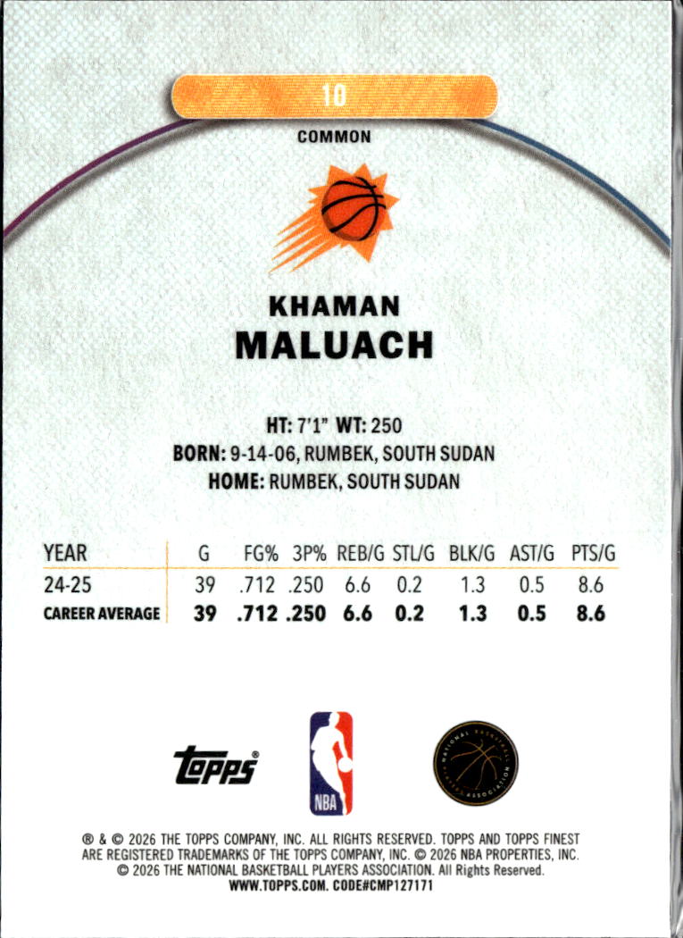 Khaman Maluach 2025 Topps Finest Oil Spill Refractor RC Phoenix Suns