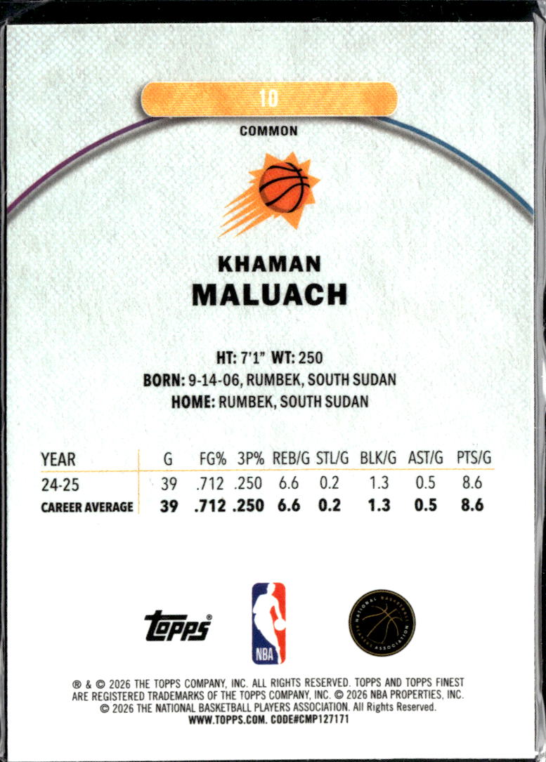 Khaman Maluach 2025 Topps Finest Oil Spill Refractor RC Phoenix Suns