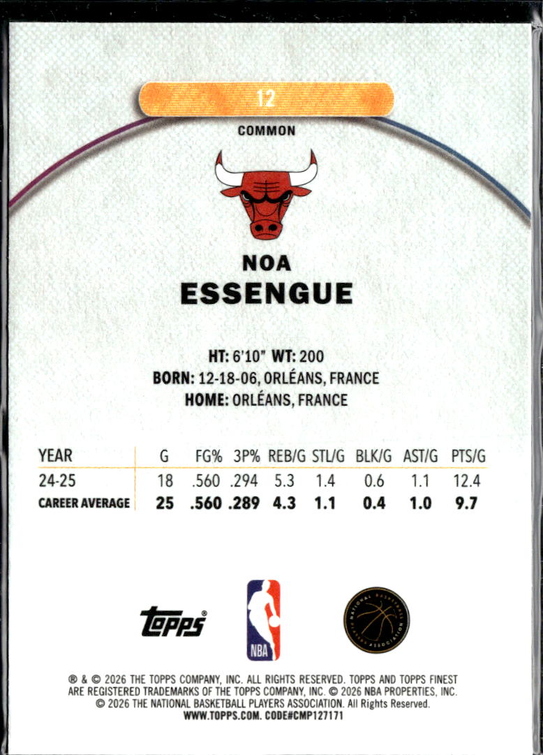 Noa Essengue 2025 Topps Finest Oil Spill Refractor RC Chicago Bulls