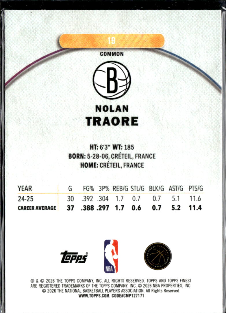 Nolan Traore 2025 Topps Finest Oil Spill Refractor RC Brooklyn Nets