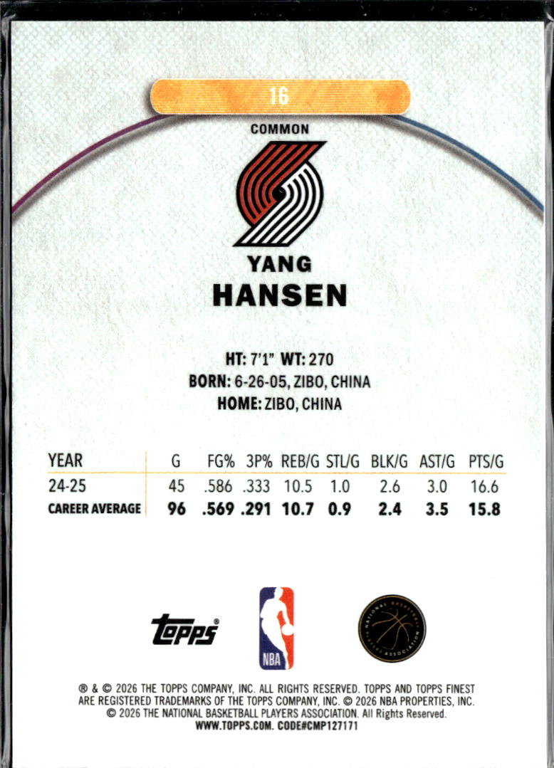 Yang Hansen 2025 Topps Finest RC Oil Spill Refractor Portland Trail Blazers