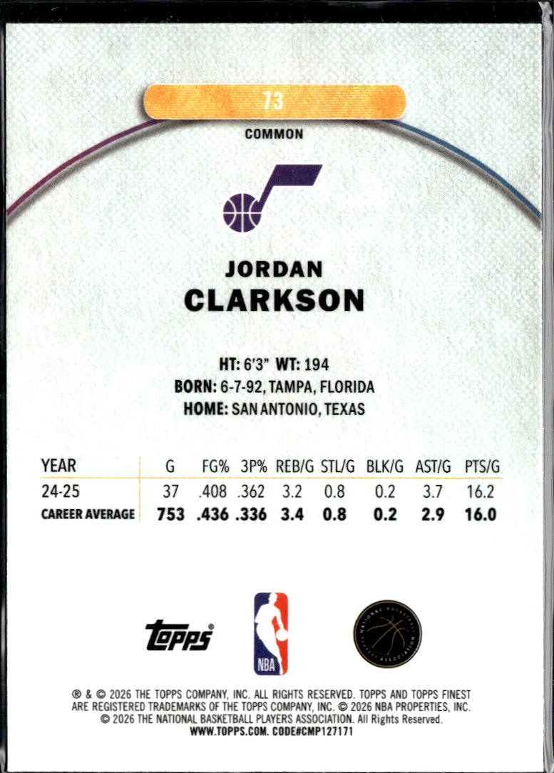 Jordan Clarkson 2025 Topps Finest Oil Spill Refractor Utah Jazz