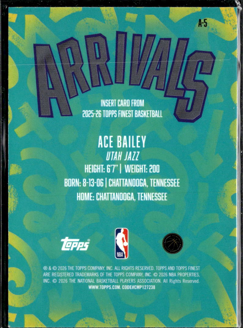 Ace Bailey 2025 Topps Finest Arrivals RC Rookie Utah Jazz