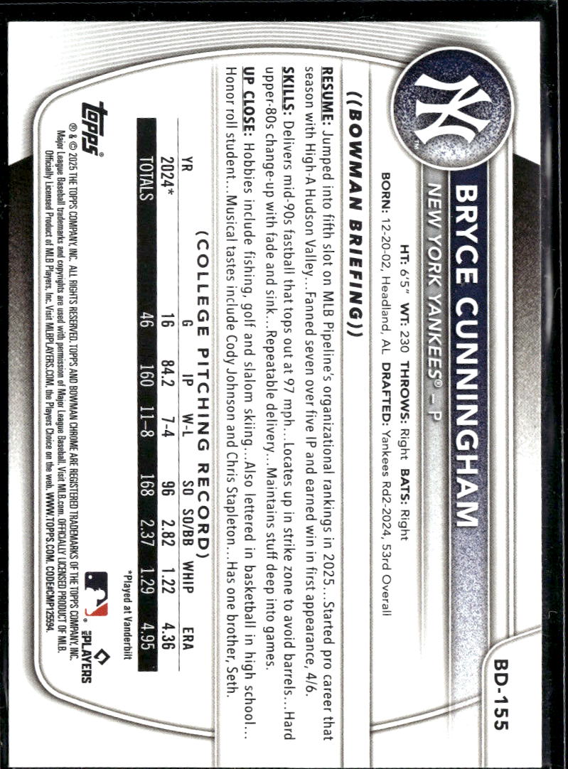 Bryce Cunningham 2025 Bowman Draft Sky Blue 498/499 New York Yankees