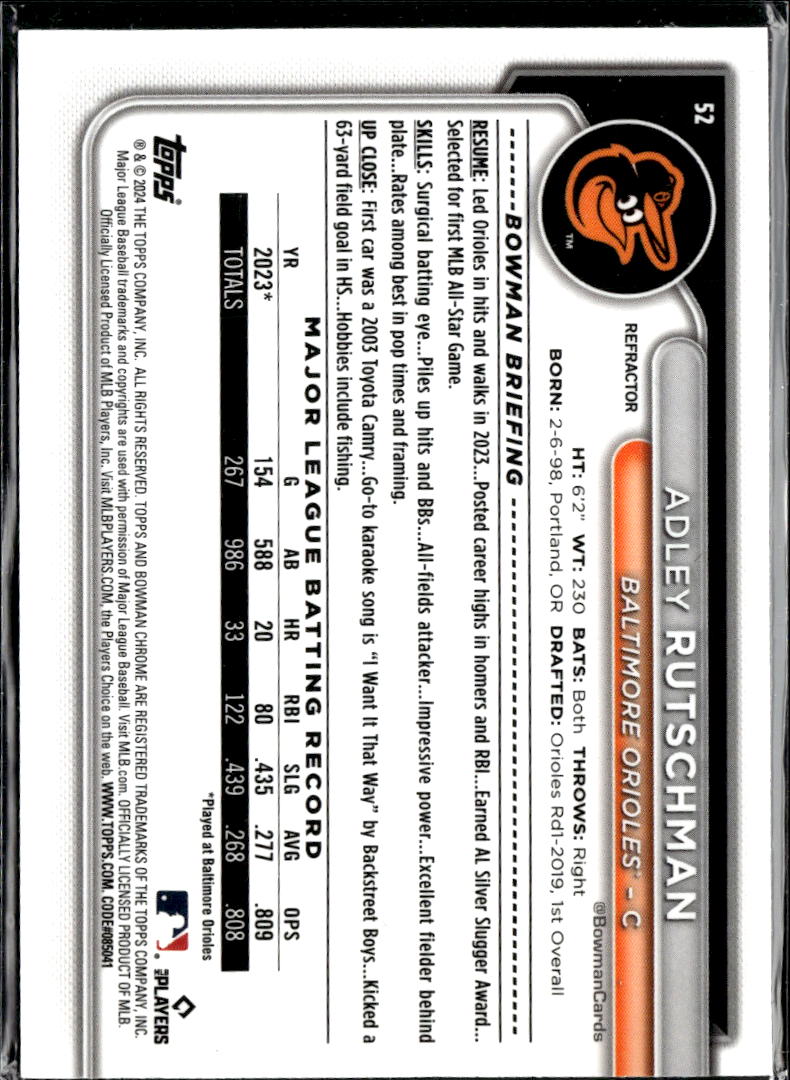 Adley Rutschman 2024 Bowman Chrome Refractor /499 Baltimore Orioles