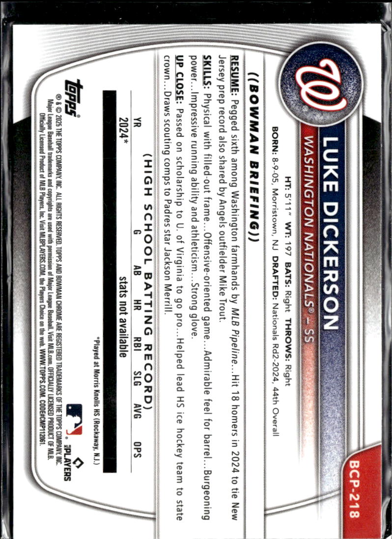 Luke Dickerson 2025 Bowman Chrome 1st Shimmer Refractor Washington Nationals