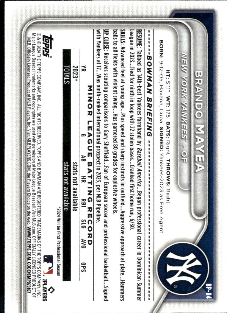 Brando Mayea 2024 Bowman Fuchsia 29/299 New York Yankees