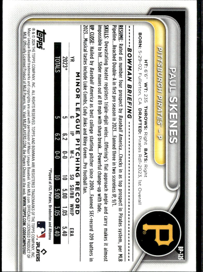 Paul Skenes 2024 Bowman Prospect Green RC 204/399 Pittsburgh Pirates