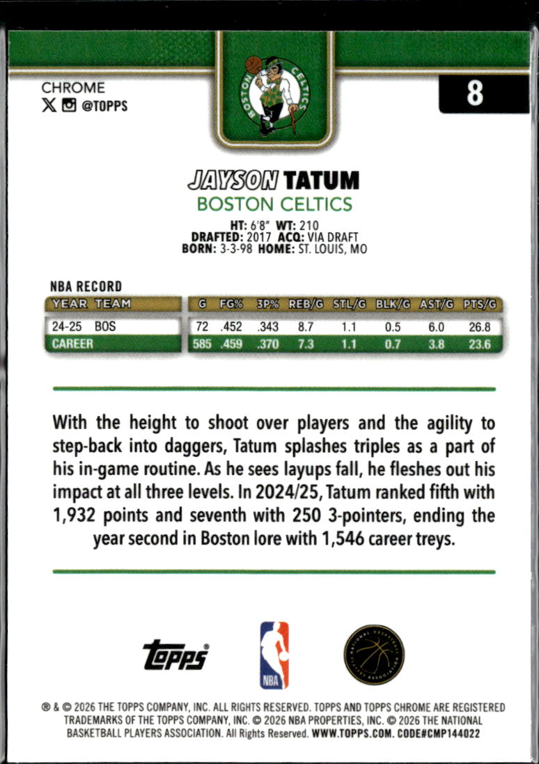 Jayson Tatum 2026 Topps Chrome Image Variation Speckle Refractor SSP Celtics