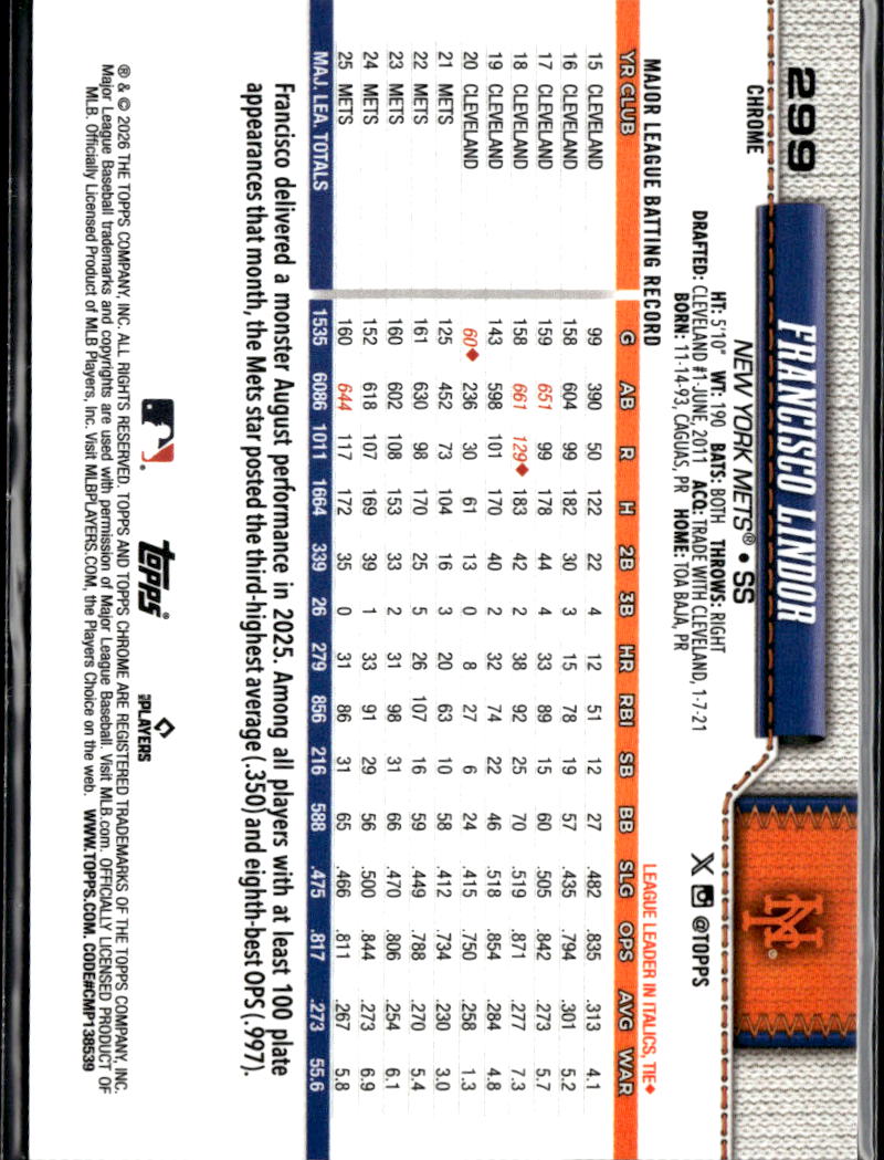 Francisco Lindor 2026 Topps Chrome GOLD Refractor 34/50 New York Mets