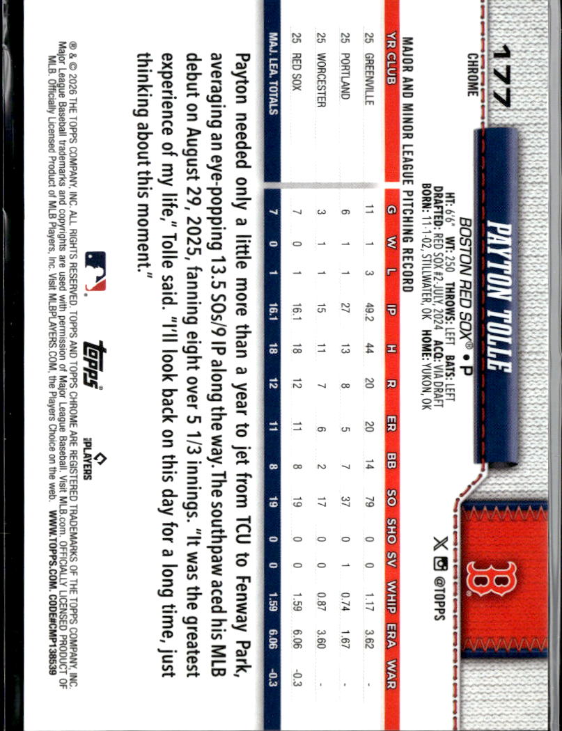 Payton Tolle 2026 Topps Chrome GOLD Refractor RC 21/50 Boston Red Sox
