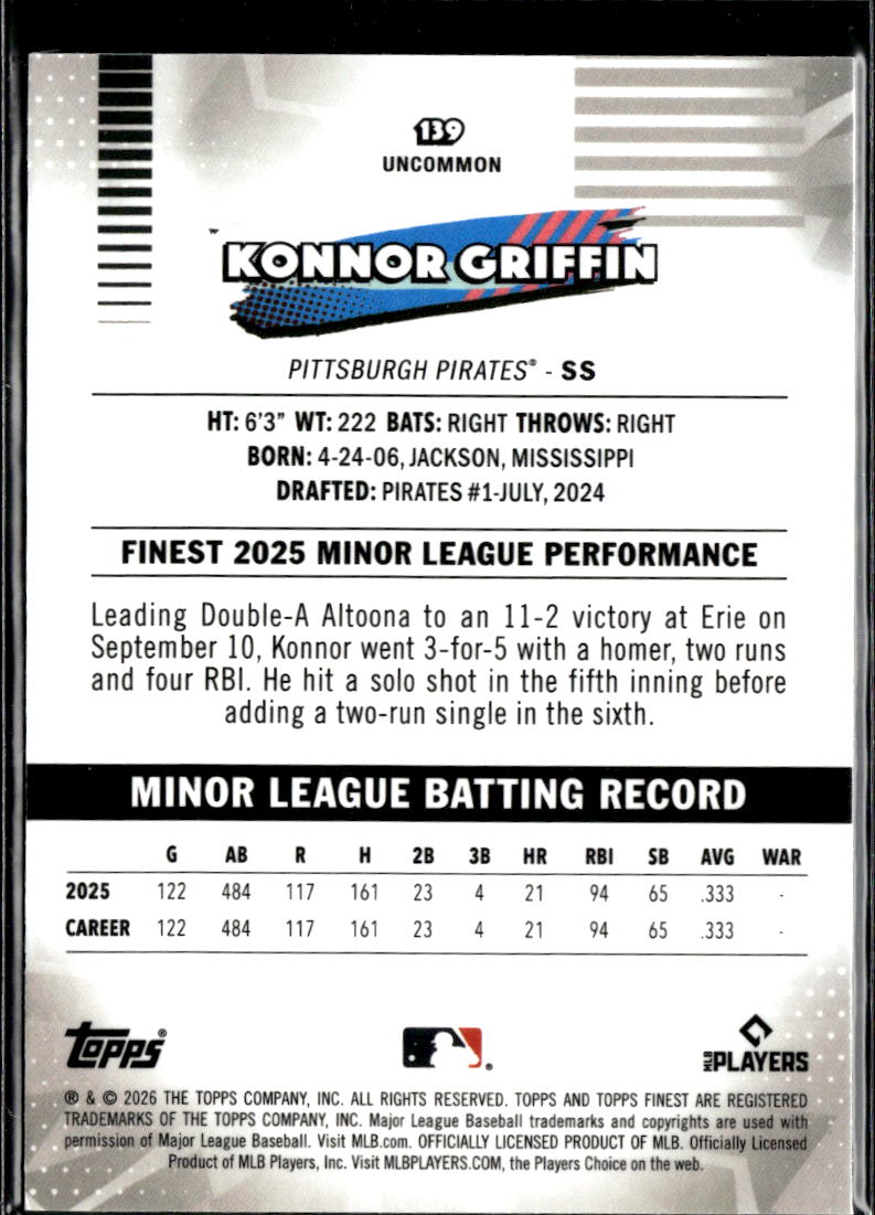 Konnor Griffin 2026 Topps Finest Blue Refractor RC 89/150 Pittsburgh Pirates