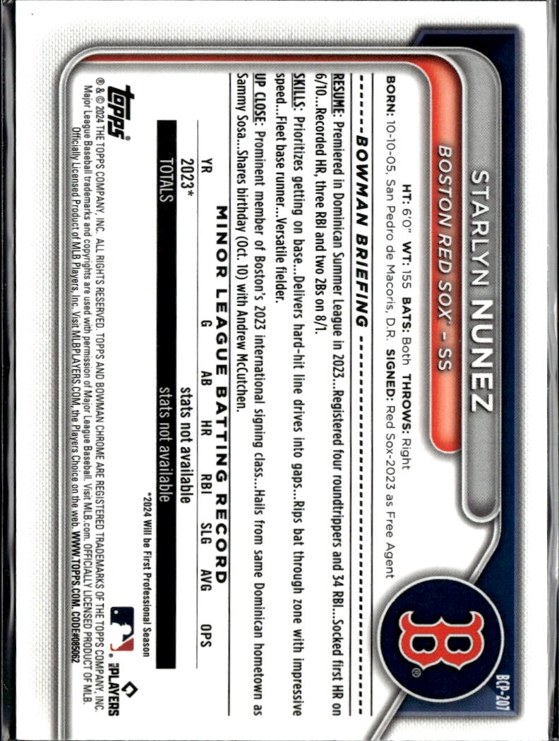 Starlyn Nunez 2024 Bowman Chrome 1st Shimmer Refractor Boston Red Sox