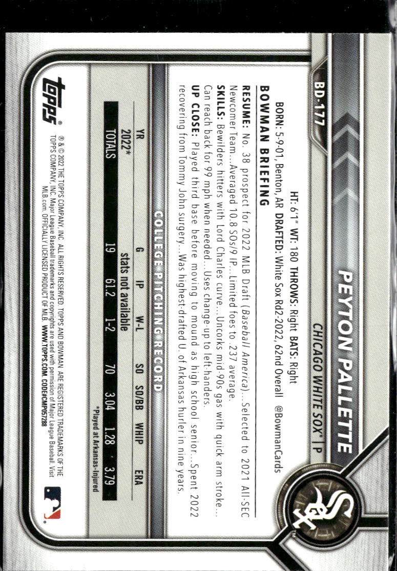 Peyton Pallette 2022 Bowman Draft 1st Blue Paper /150 Chicago White Sox