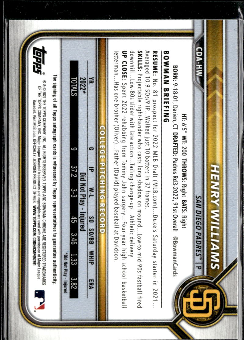 Henry Williams 2022 Bowman Chrome 1st Auto Autograph RC San Diego Padres