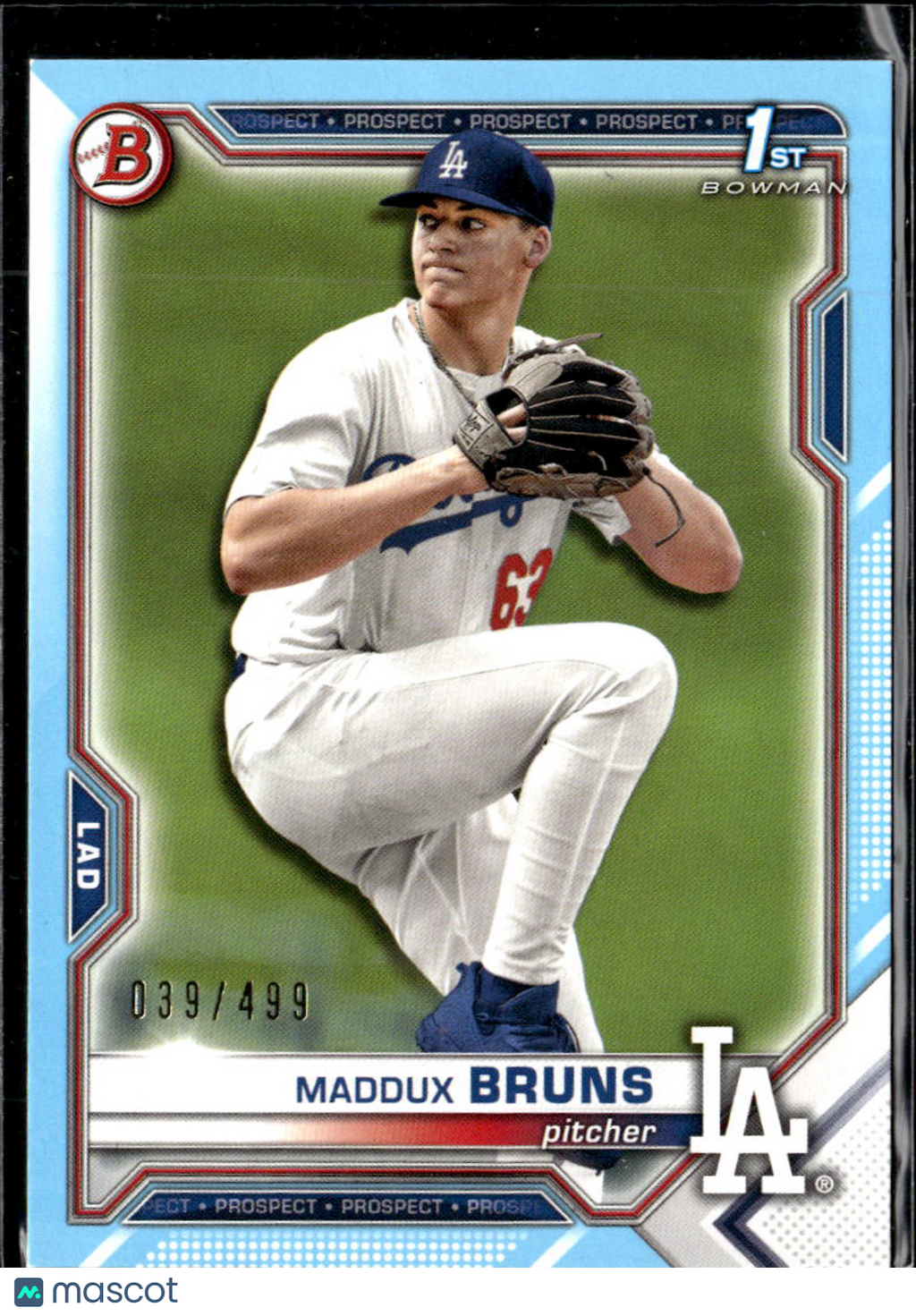 Maddux Bruns 2021 Bowman Draft 1st Sky Blue /499 Los Angeles Dodgers